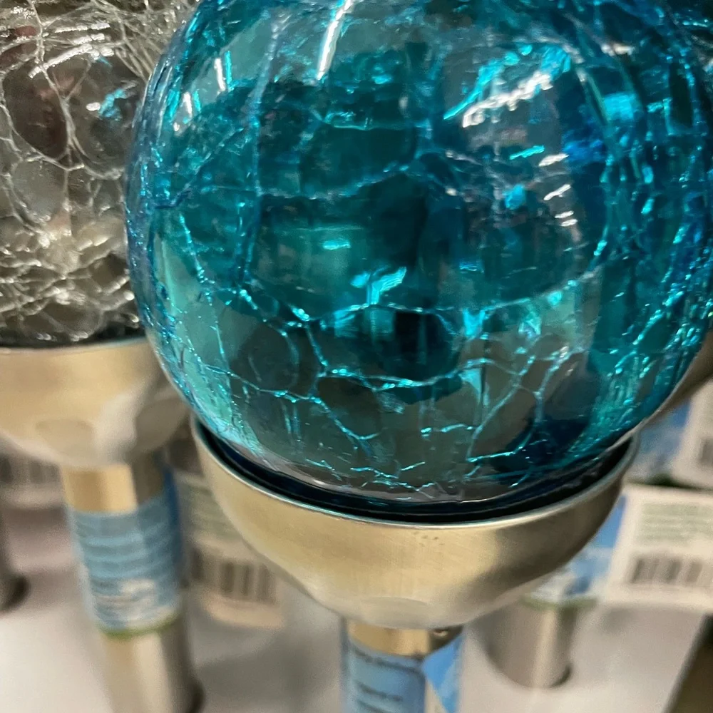 Sets of 3 Large Crackle Glass Solar Stake Lights - Red, Blue, and Clear